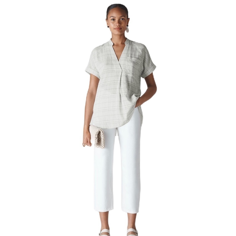 Whistles White Lavina Check Pocket Short Sleeve Shirt Size M